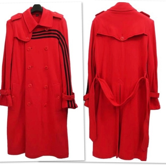 🔥 RARE! Y-3 Adidas x Yohji Yamamoto Hot Red 3-Stripe Sweatshirt Trench Coat Sz S - Picture 3 of 12